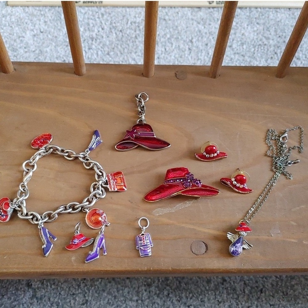 Mixed Lot Red Hat Society Jewelry Necklace Brooch Costume Stud Angel Charms Rhin - Picture 1 of 6